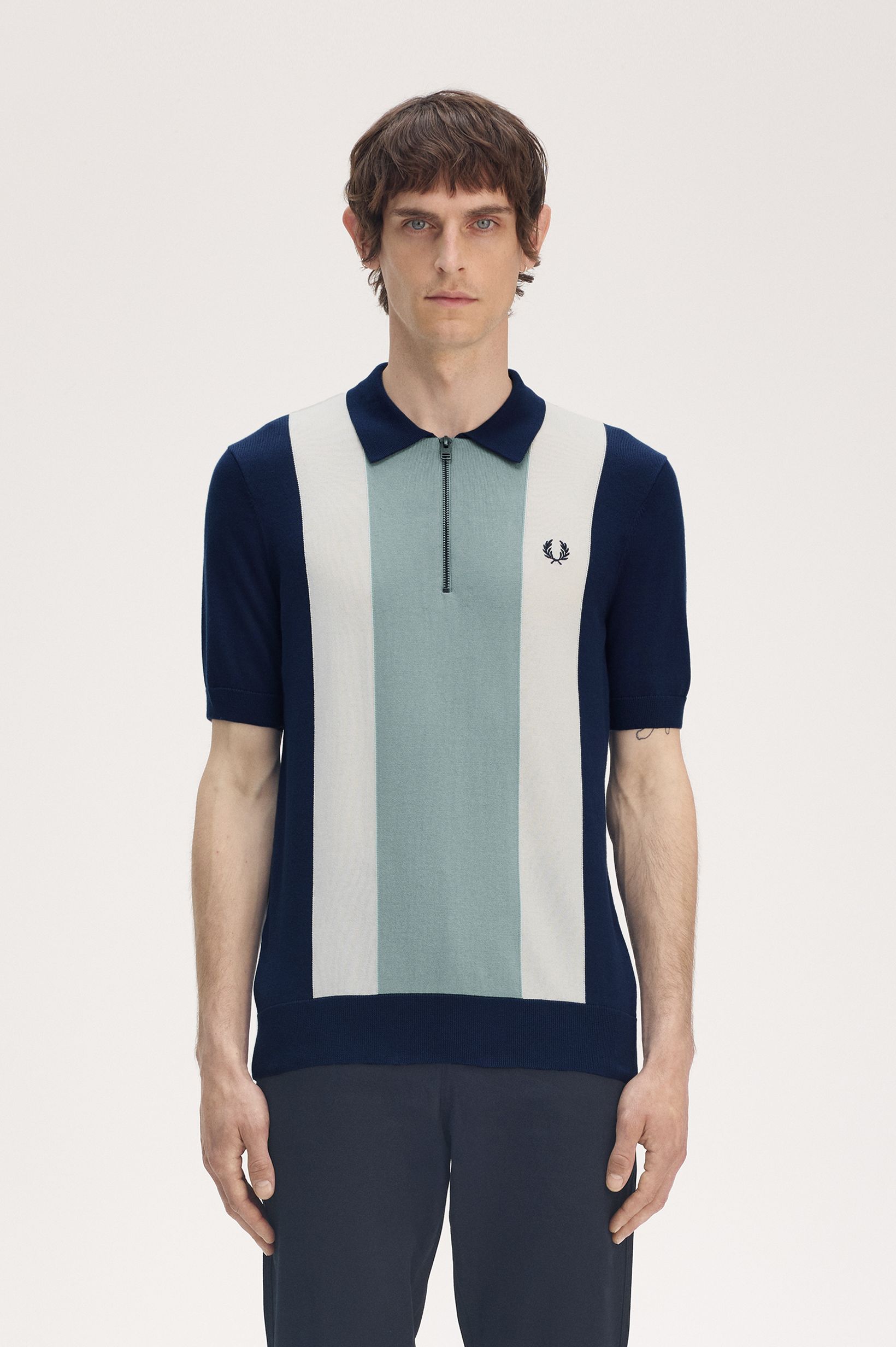 Fred Perry - VERTICAL STRIPE ZIP NECK SHIRT - Tennis Blue/Silver Blue/Ecru Fred Perry - VERTICAL STRIPE ZIP NECK SHIRT - Tennis Blue/Silver Blue/Ecru