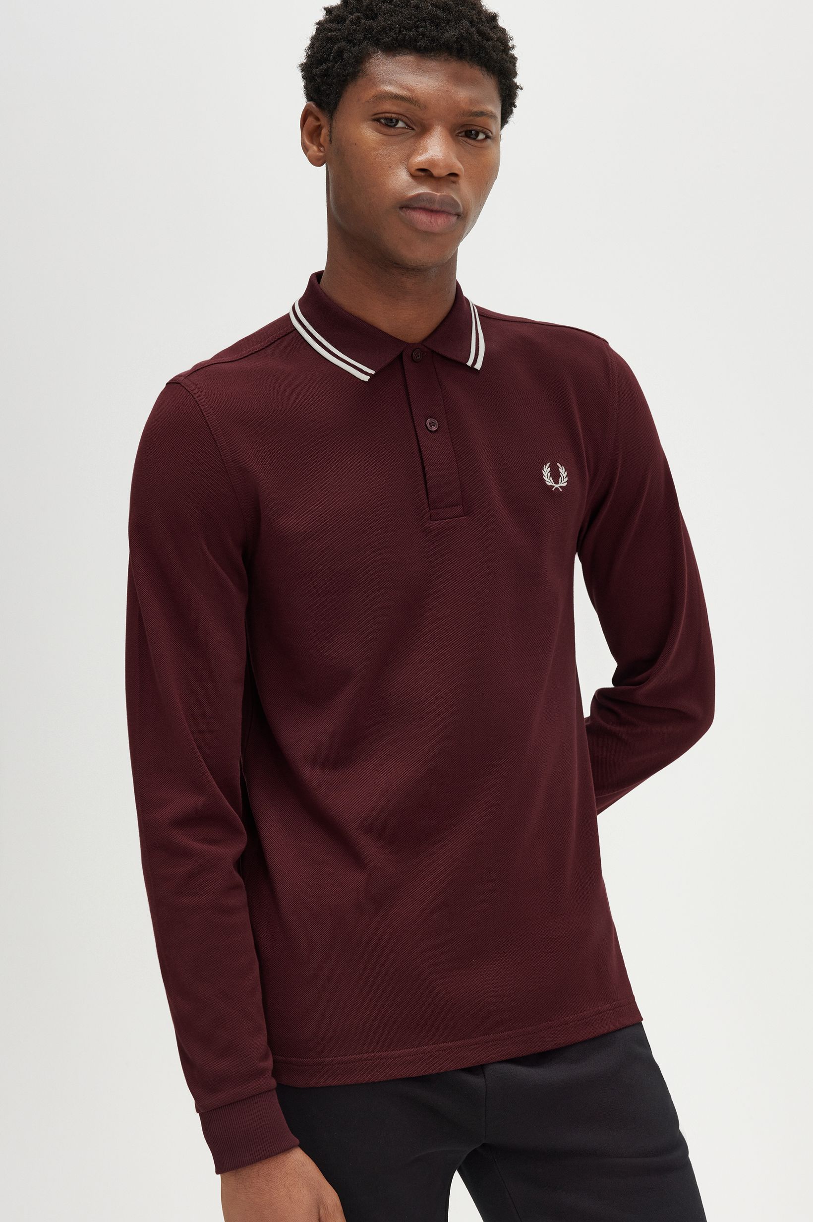 Fred Perry - LS TWIN TIPPED POLO SHIRT - Oxblood/Snow White/Snow White